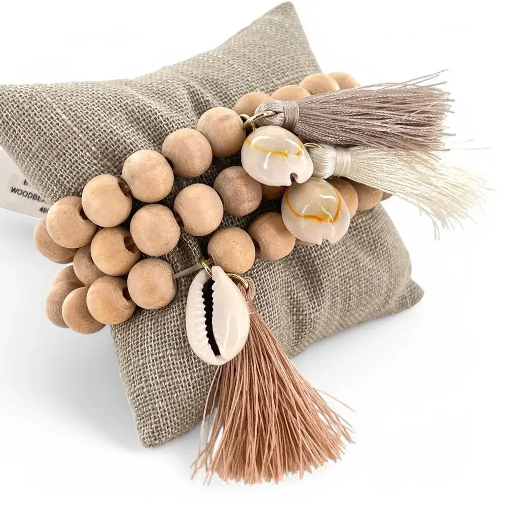 Wood Bead Stretch Bracelet Cowrie Shell and Tassel Boho Wooden Lot of 3